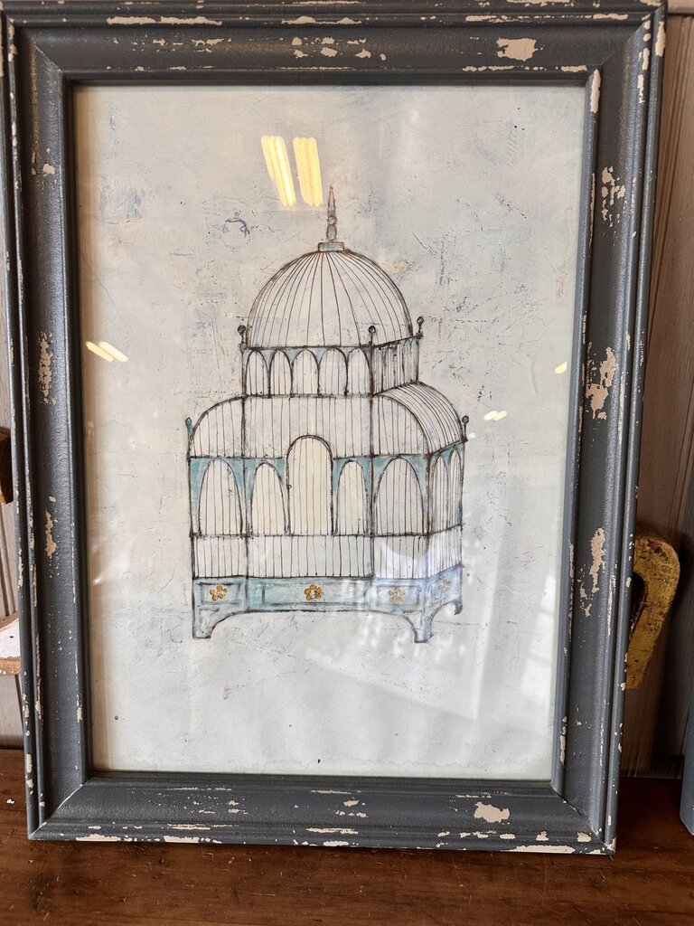 Vintage Birdcage in Distressed Frame Signed 15 X 20