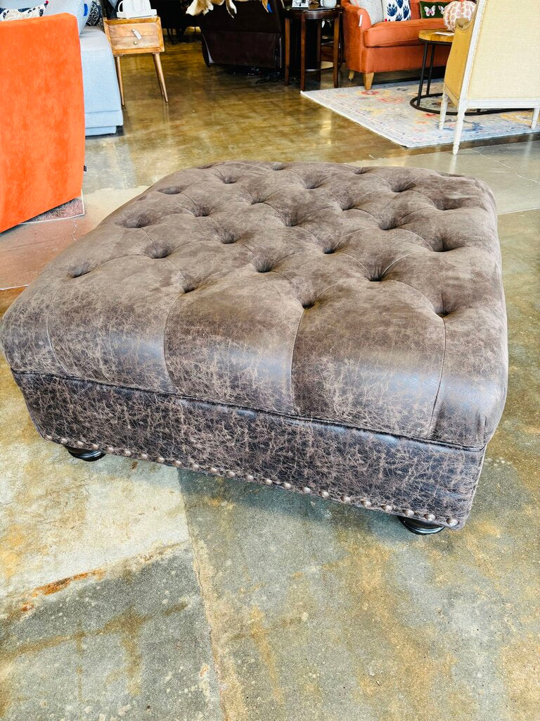 Distressed Leather Tufted Nailhead Ottoman 38 X 38