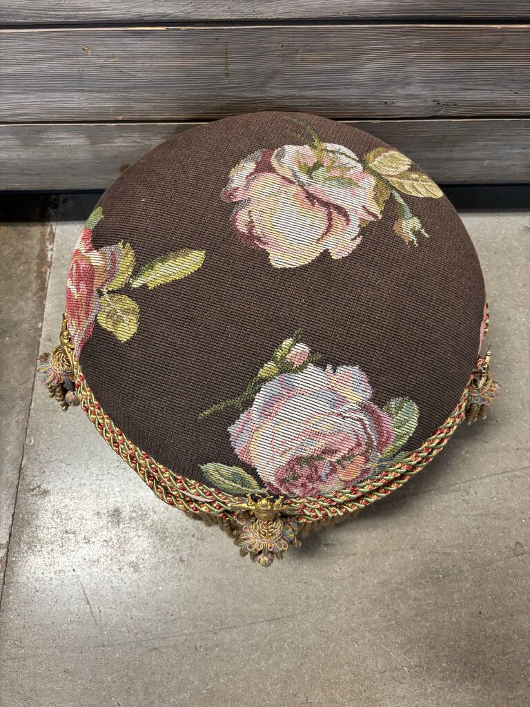 Vintage Round Floral Tapestry Footstool