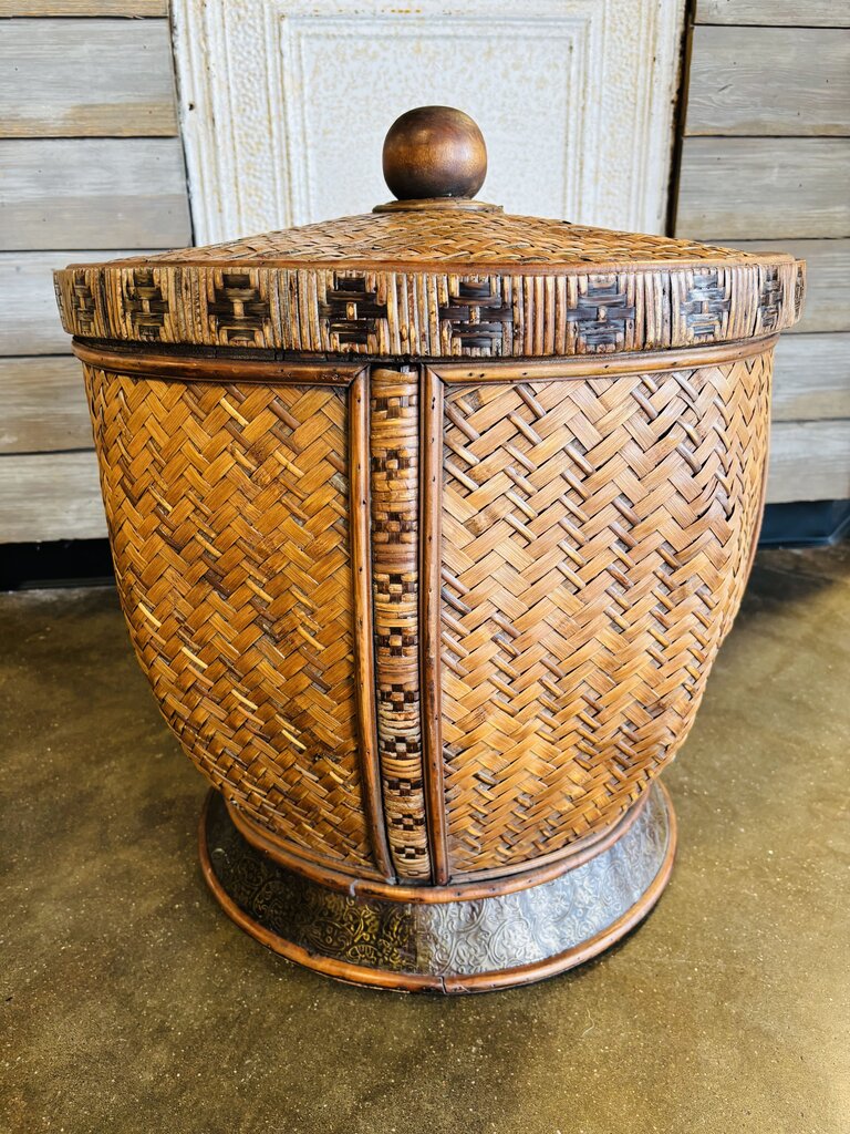 Woven Rattan and Wicker Lidded Storage Basket