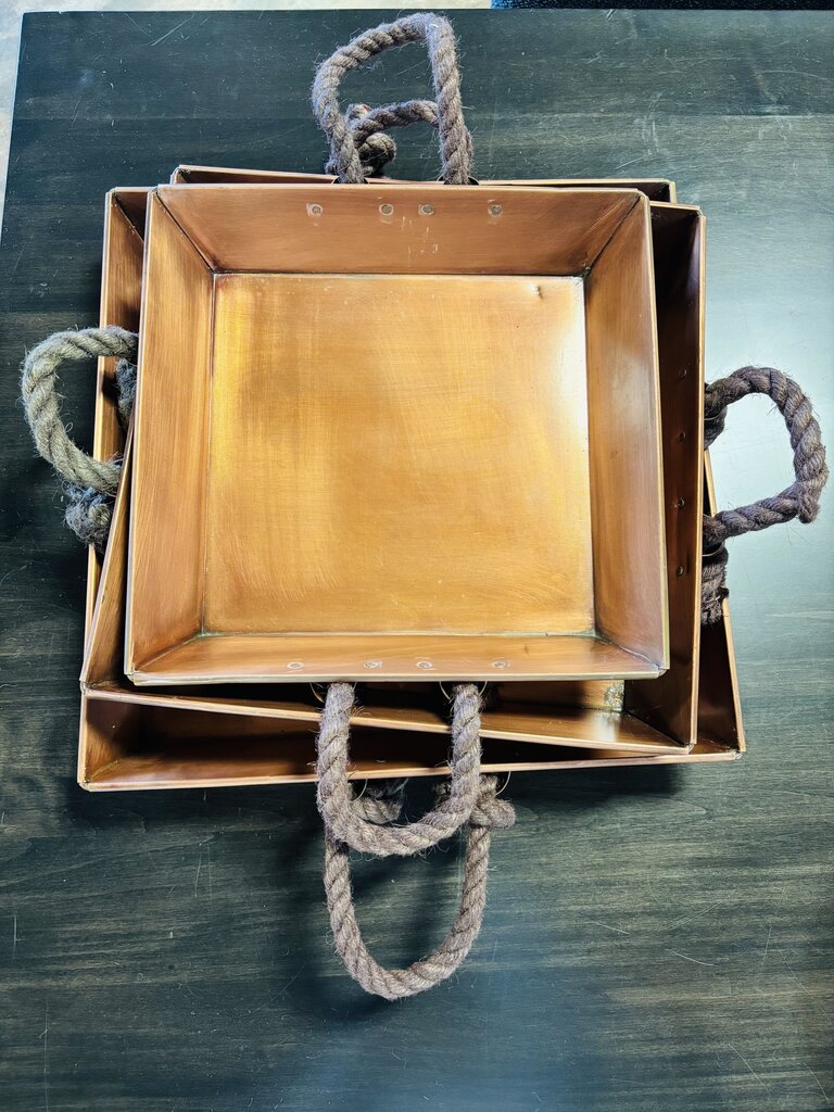 Set of 3 Copper Nesting Trays w Rope Handles