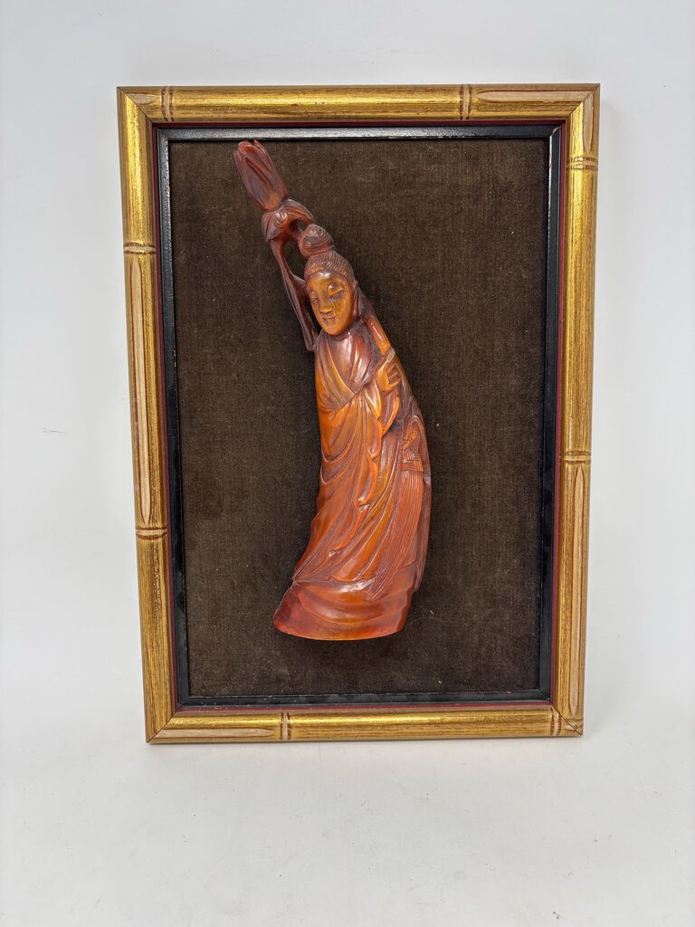 Chinese Carved Figure Mounted On Framed Fabric