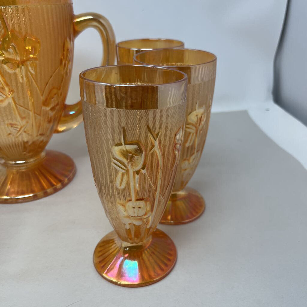 Iridescent Iris Pitcher & 5 Glasses