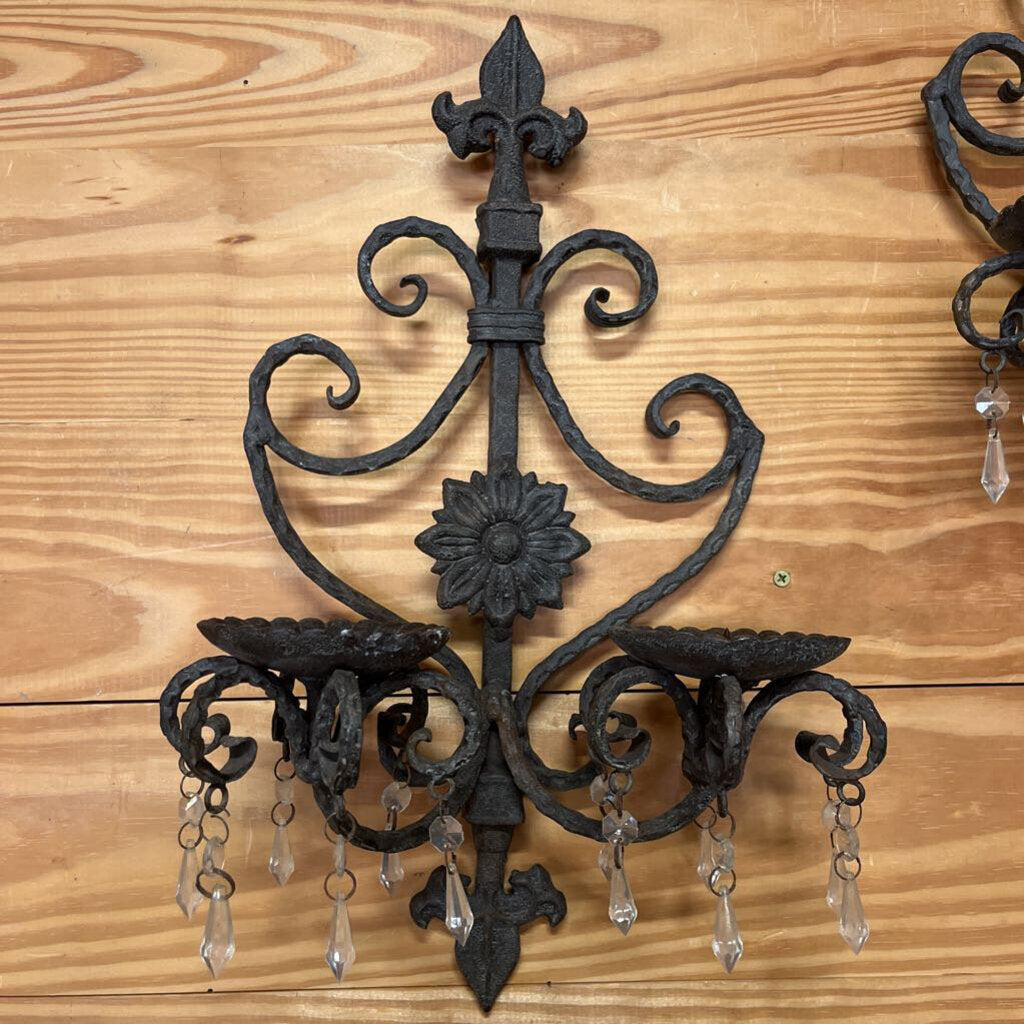 Set of 2 Wrought Iron Candle Holders w/ Crystals