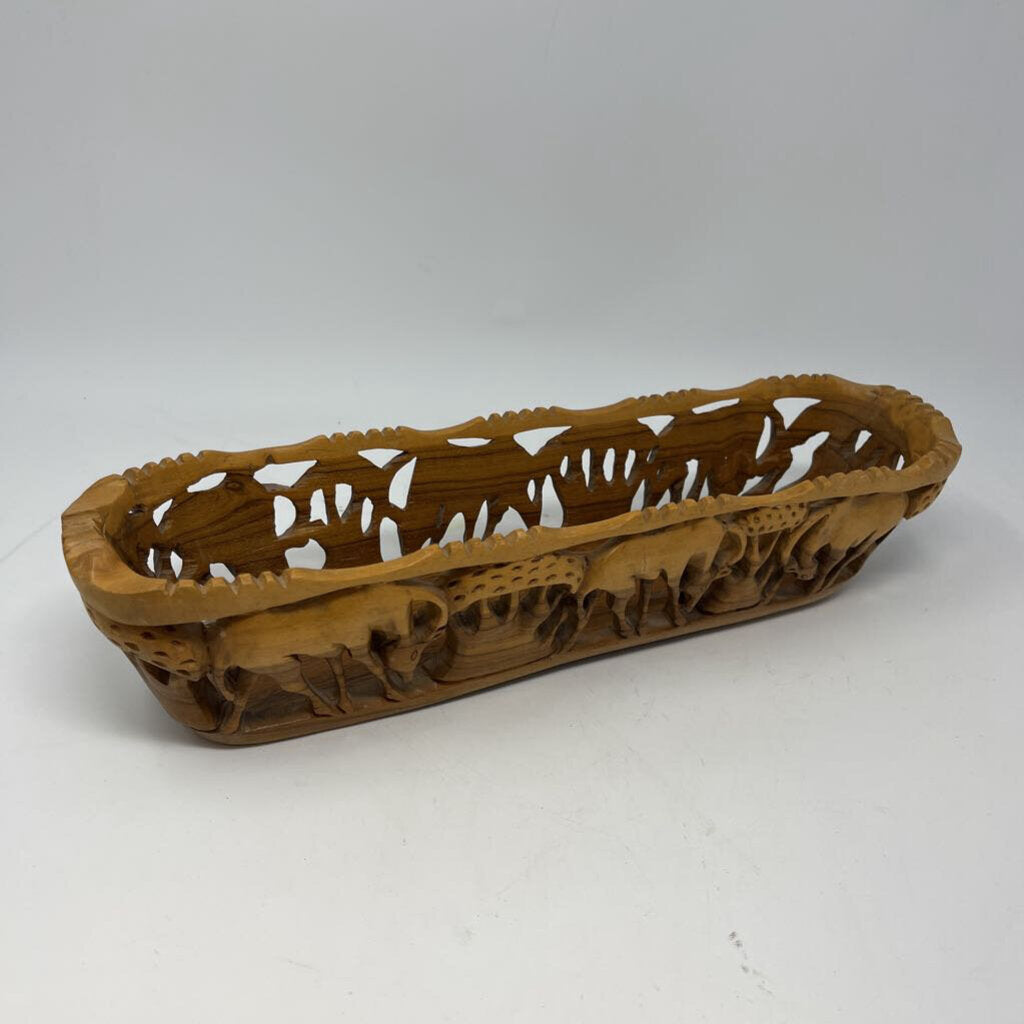 Wood Carved African Animal Basket 15.75"L