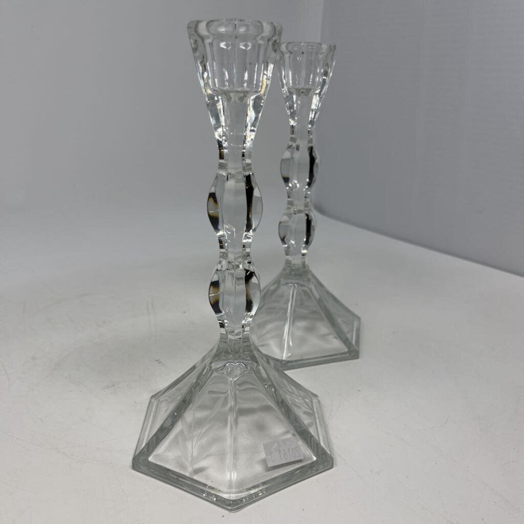 Etched Glass Candlestick Holders Pair