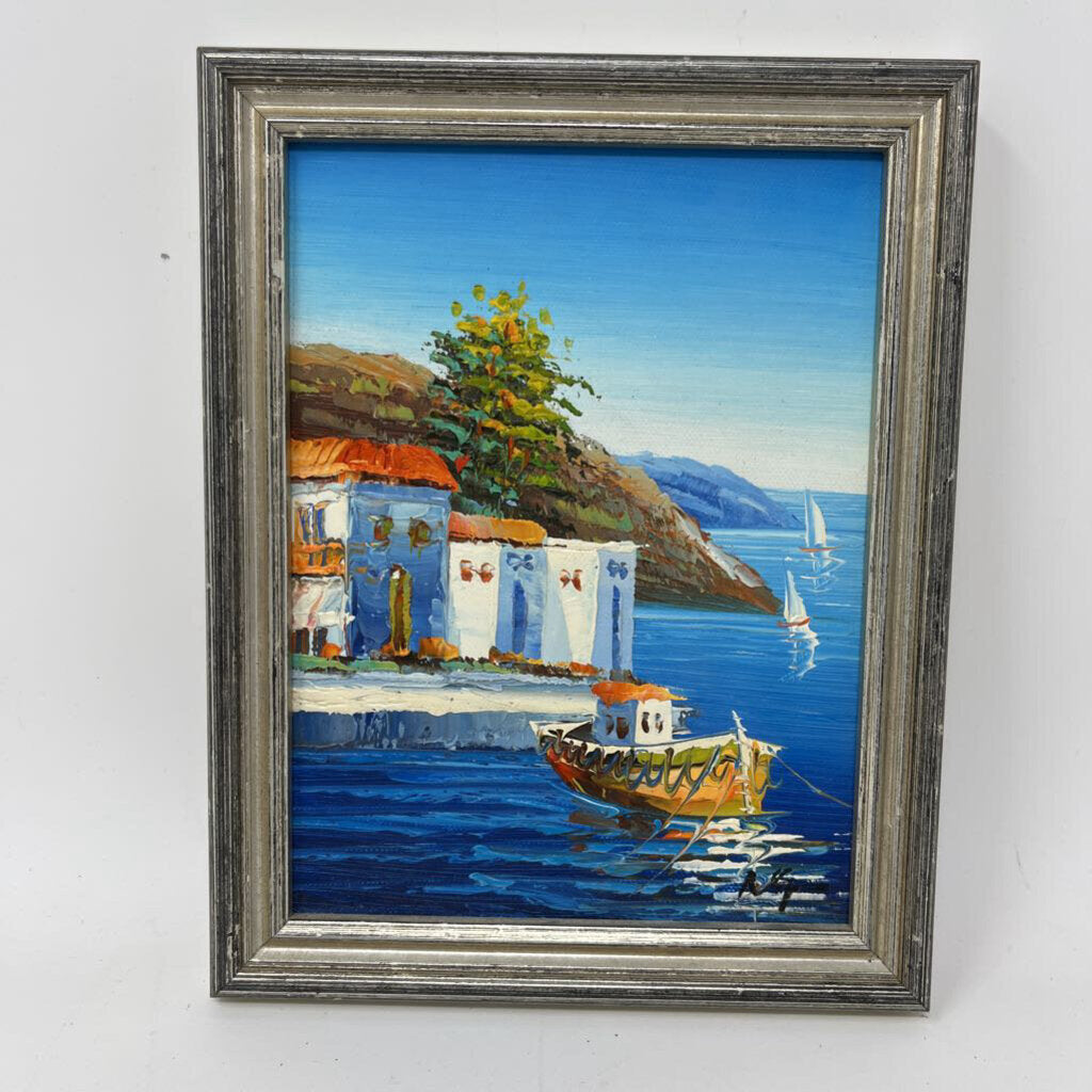 Small Framed Greek Boat Painting 8.25x6.5