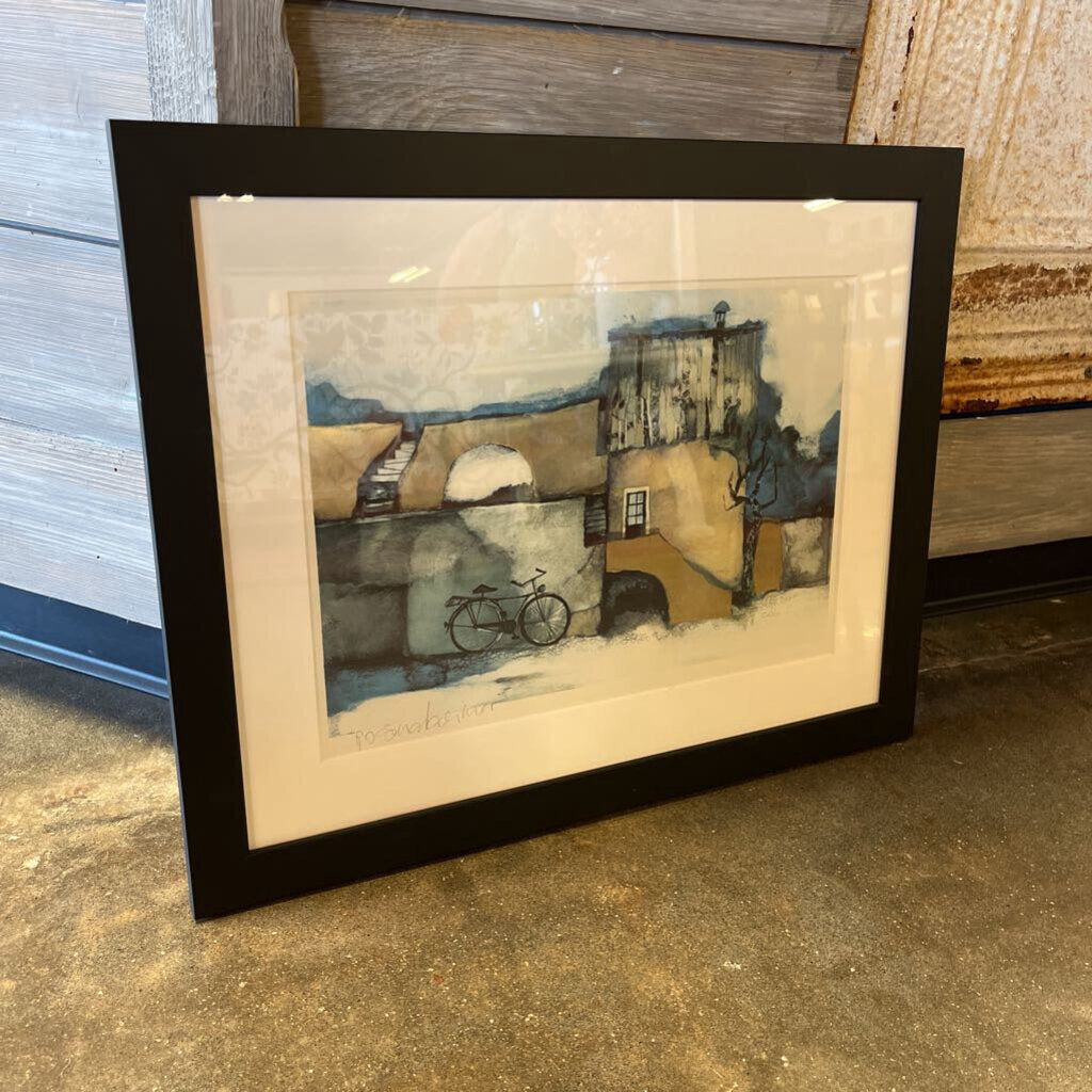 Framed Door & Bicycle Sign Lithograph 21x16.5