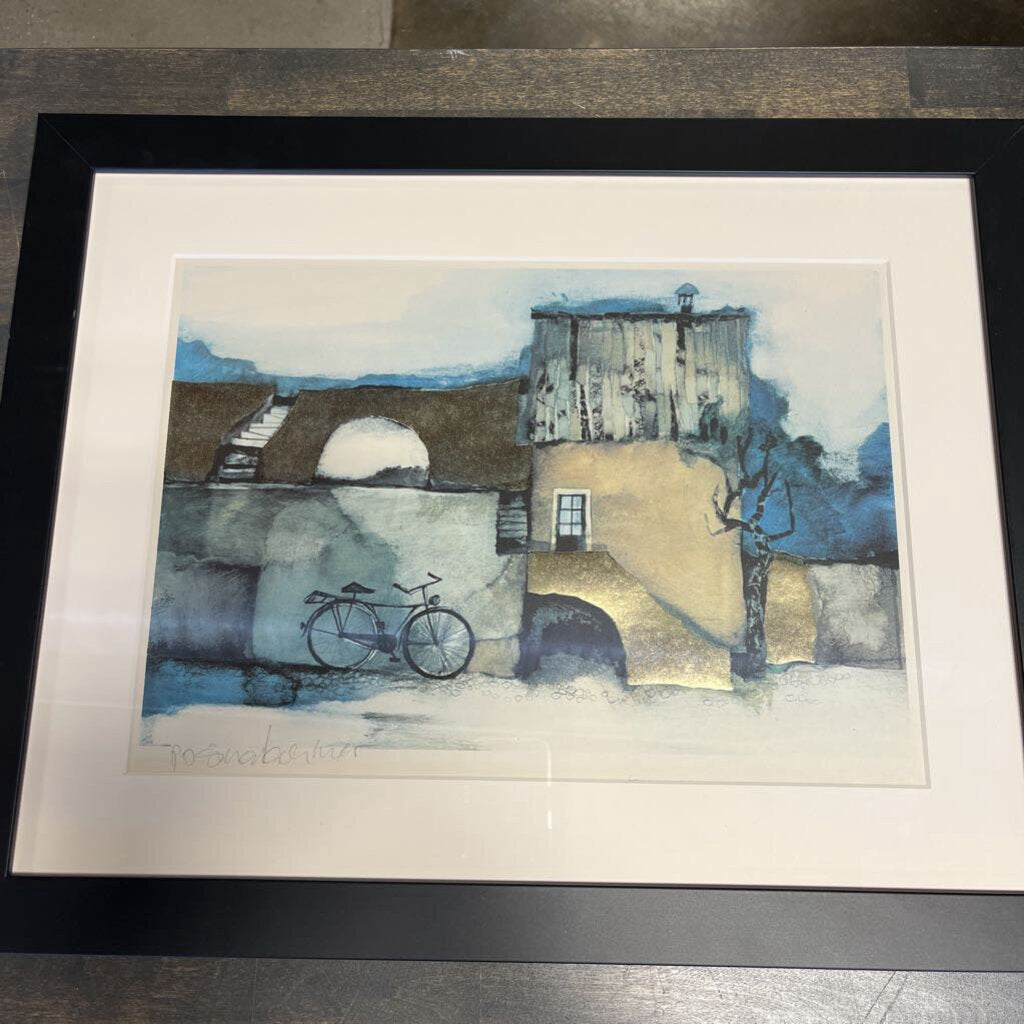Framed Door & Bicycle Sign Lithograph 21x16.5