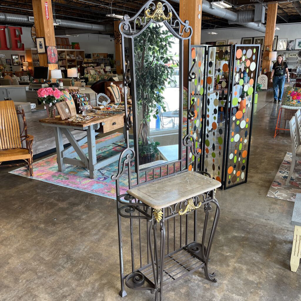 Wrought Iron Hall Tree w/ Mirror/Marble 32x78.5x14