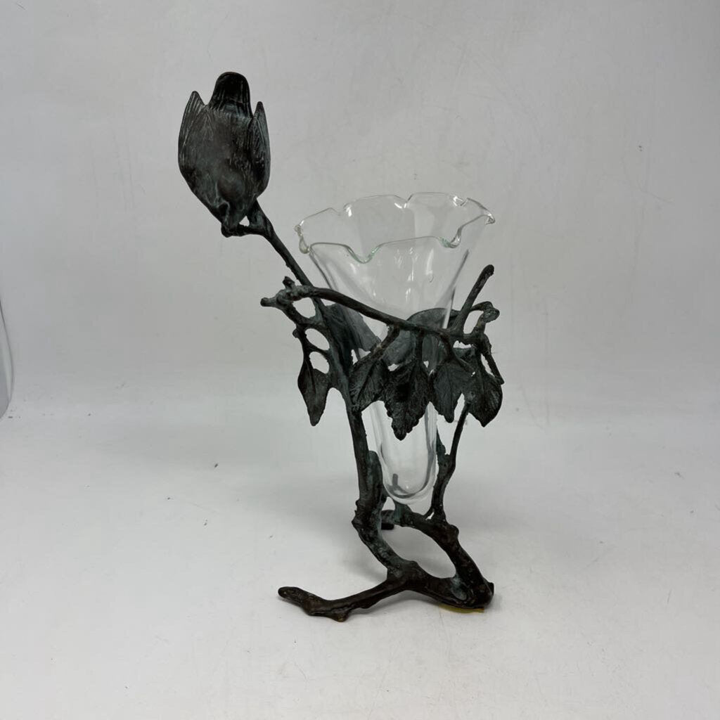 Vintage Metal Bird & Glass Vase 11in