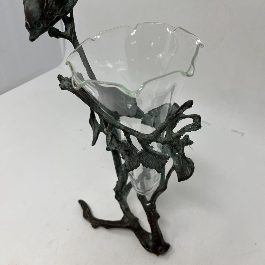 Vintage Metal Bird & Glass Vase 11in