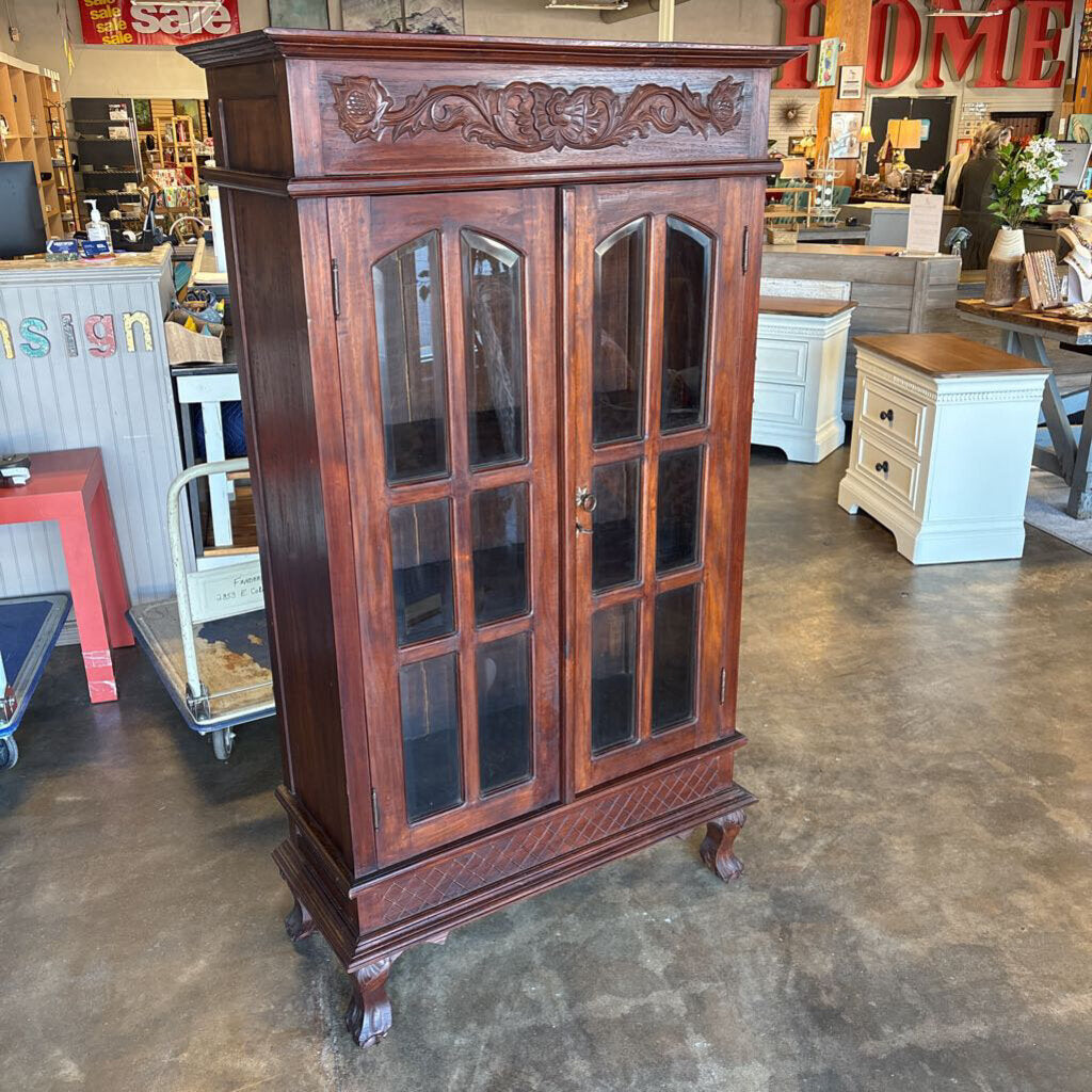 Wooden Glass Door Carved Top Bookcase/Cabinet 38.25 X 16 X 68
