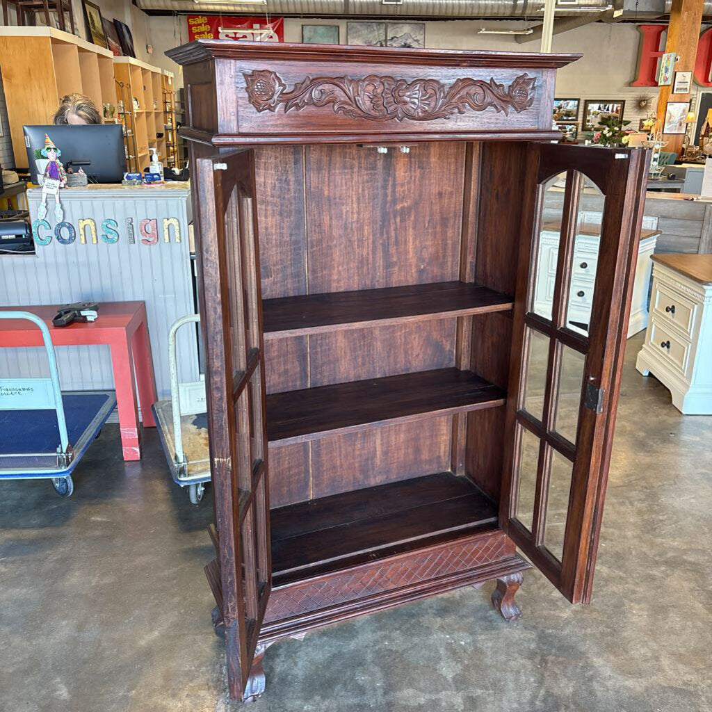 Wooden Glass Door Carved Top Bookcase/Cabinet 38.25 X 16 X 68