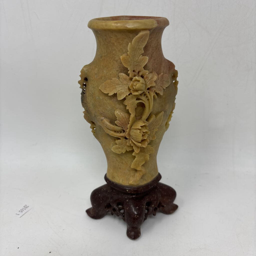 Vintage Hand Carves Floral Soapstone Vase
