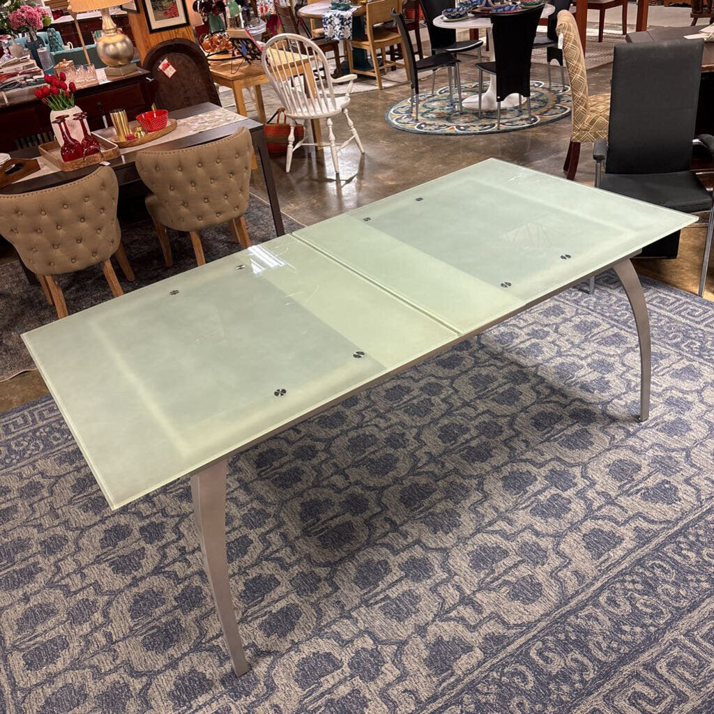 Modern Glass Top Table, Leaf and 6 Upholstered Chairs