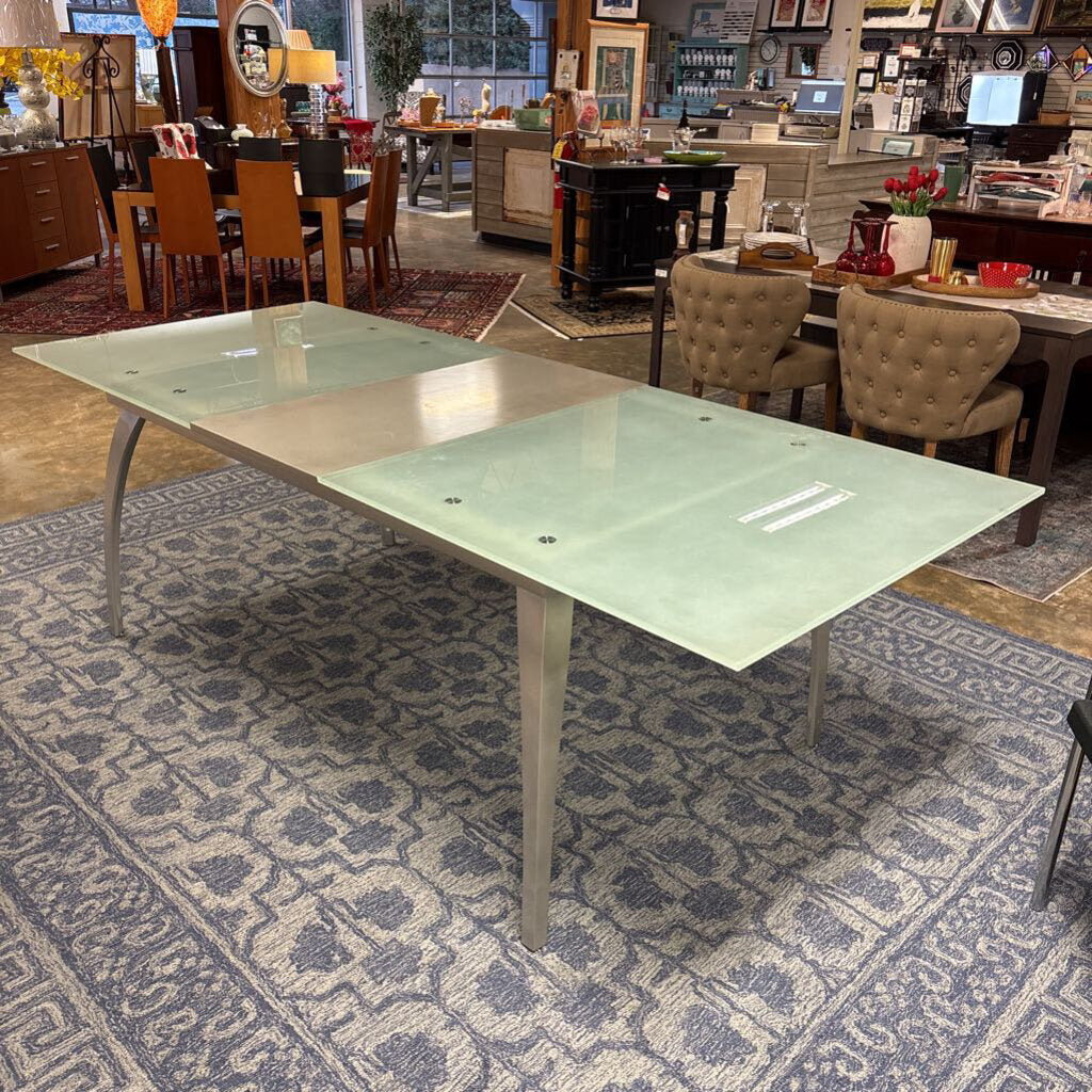 Modern Glass Top Table, Leaf and 6 Upholstered Chairs