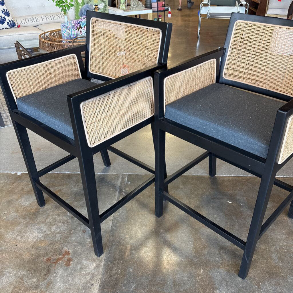 Set 2 Black Caned Cushioned Barstools