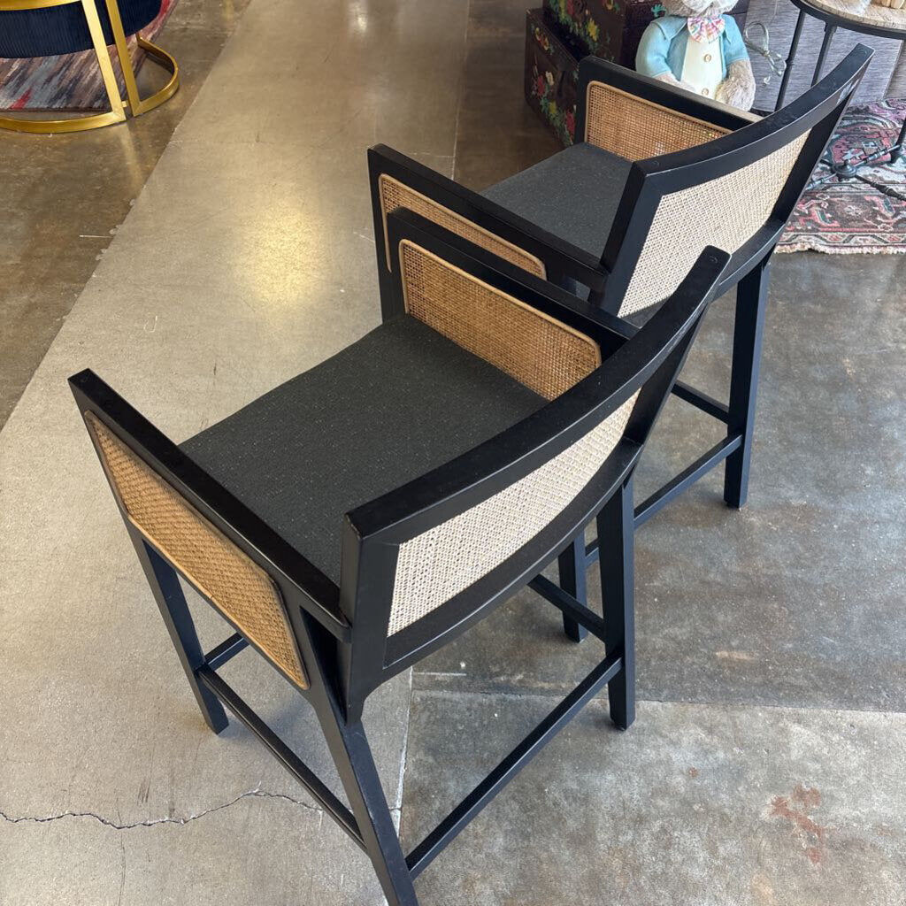 Set 2 Black Caned Cushioned Barstools