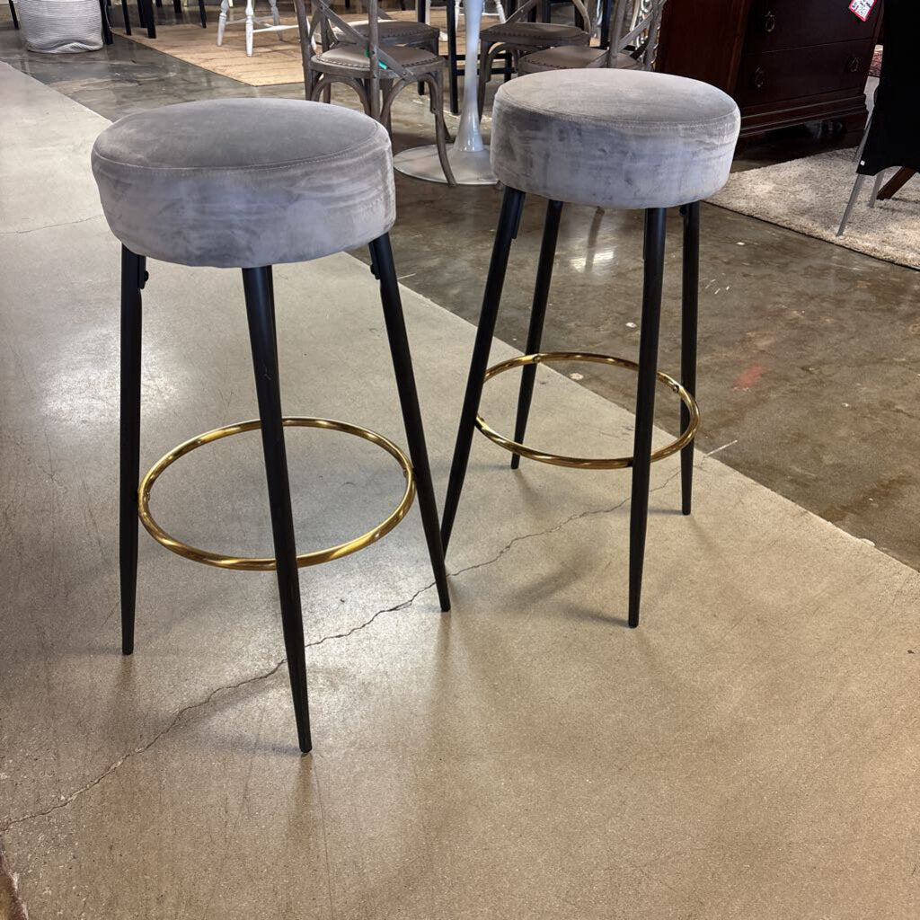 Velvet Upholstered Round Barstool Pair