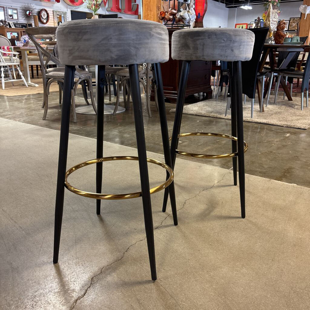 Velvet Upholstered Round Barstool Pair