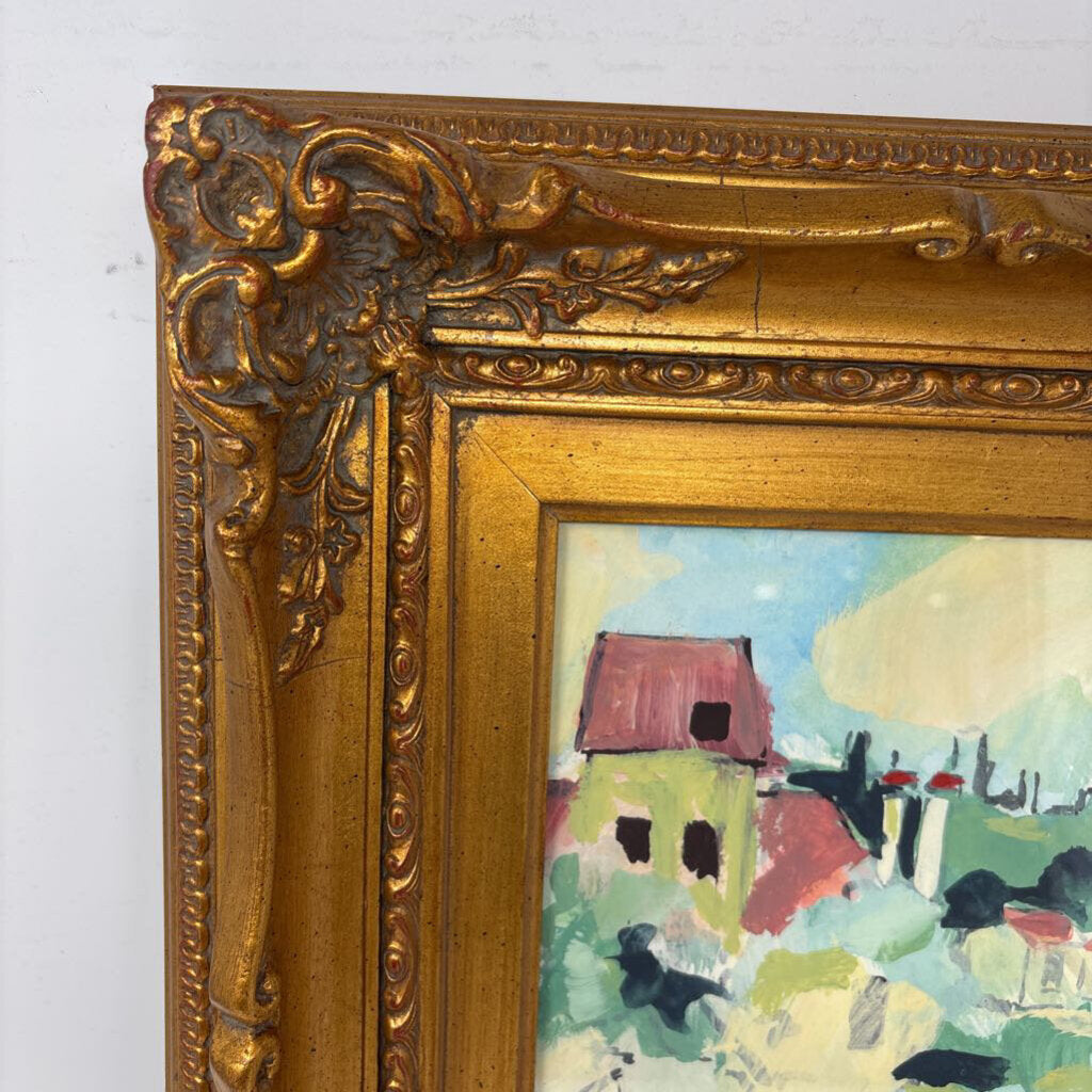 Impressionistic Style Framed Watercolor Village