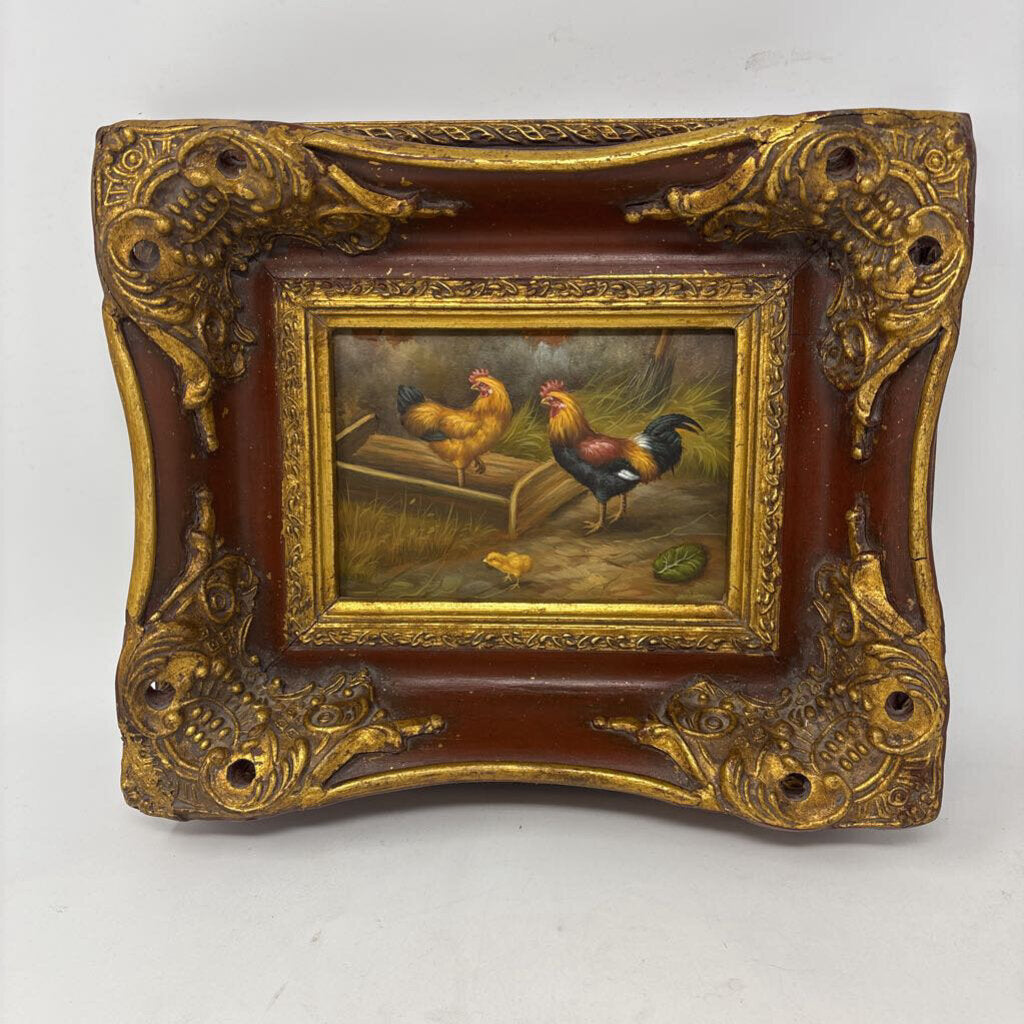 Vintage Rooster/Chickens in Ornate Frame
