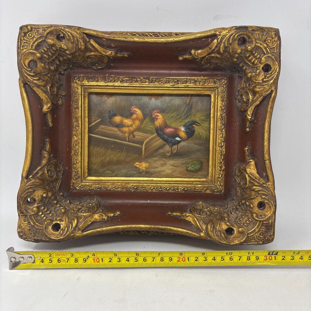 Vintage Rooster/Chickens in Ornate Frame