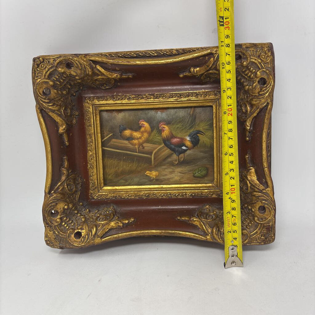 Vintage Rooster/Chickens in Ornate Frame