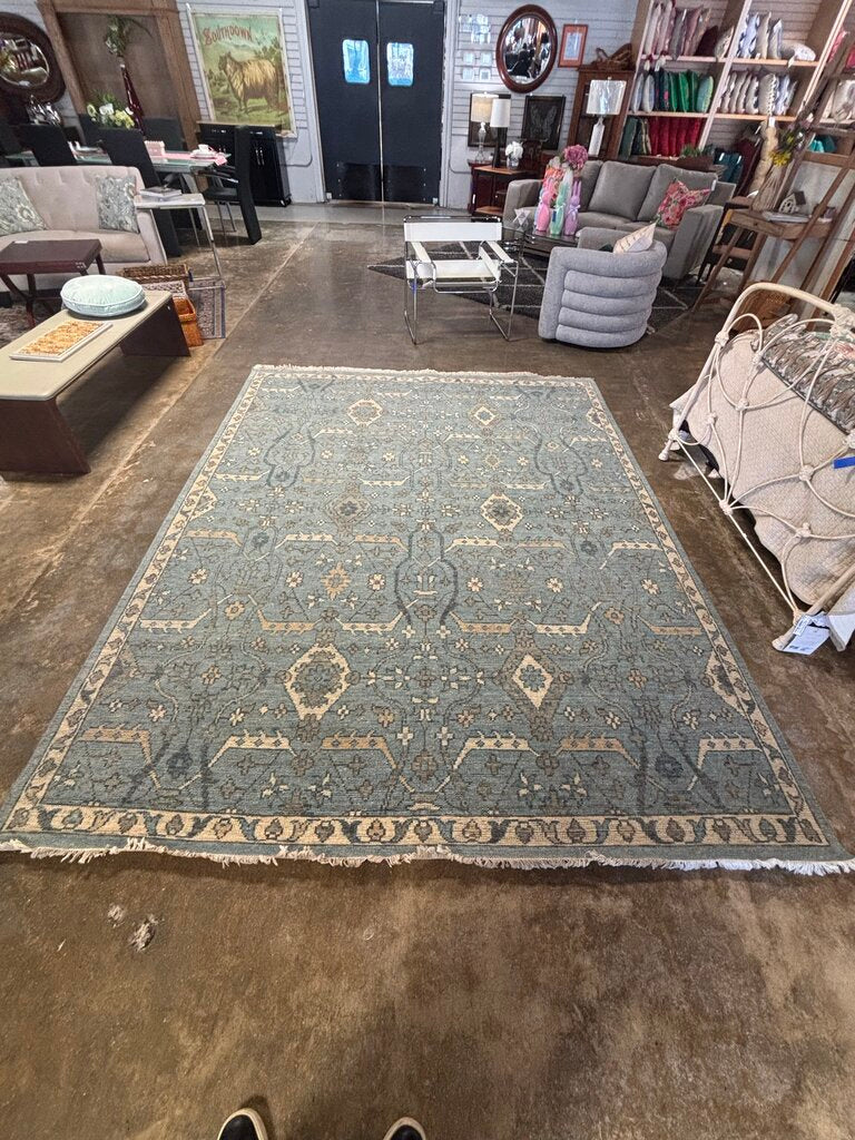 Oushak Framed Ivory & Blue Fringe Rug