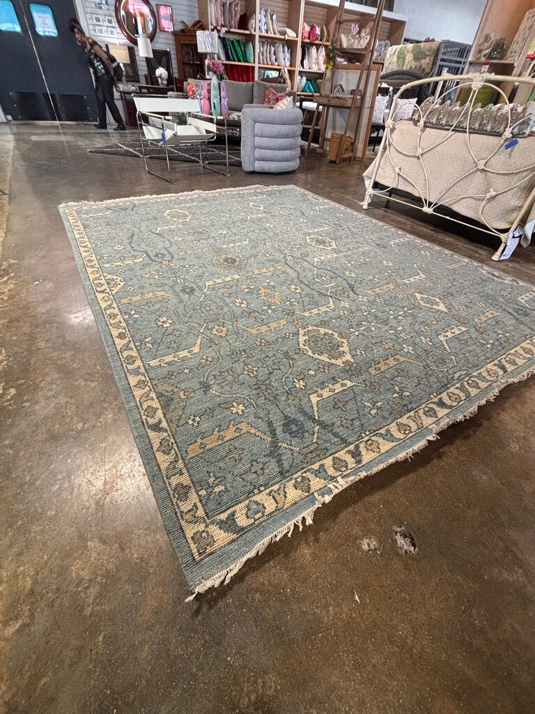 Oushak Framed Ivory & Blue Fringe Rug
