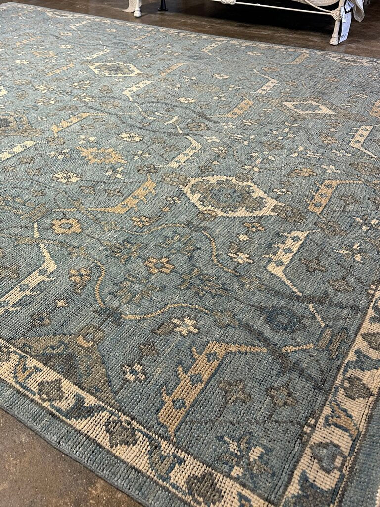 Oushak Framed Ivory & Blue Fringe Rug