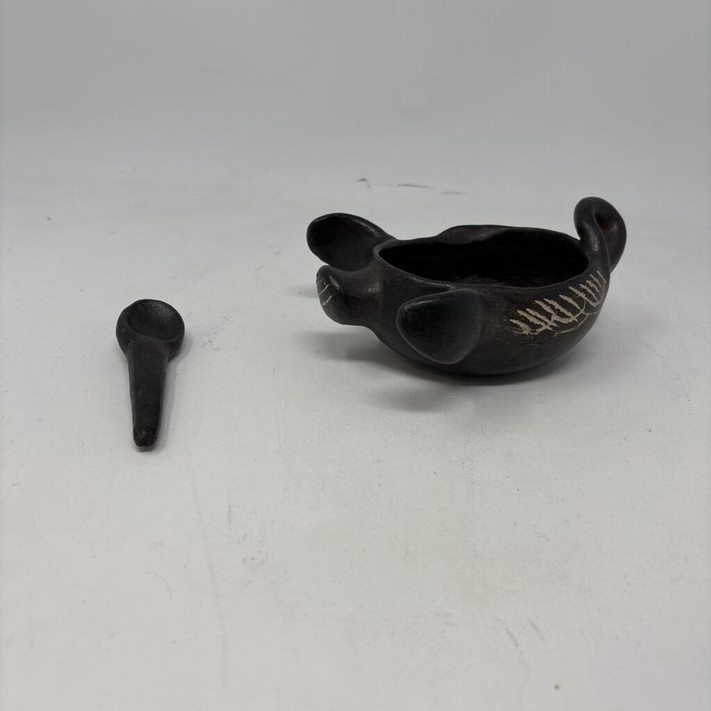 Vintage Blackware Pottery Bowl with Spoon