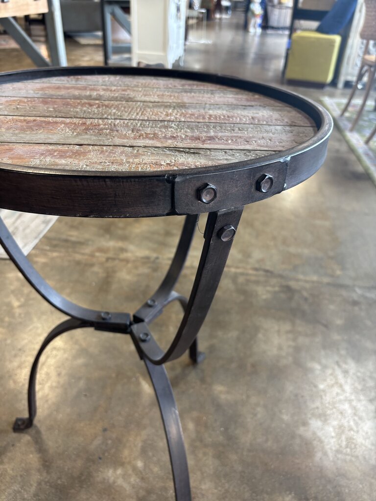 Round Rustic Wood & Metal Accent Table