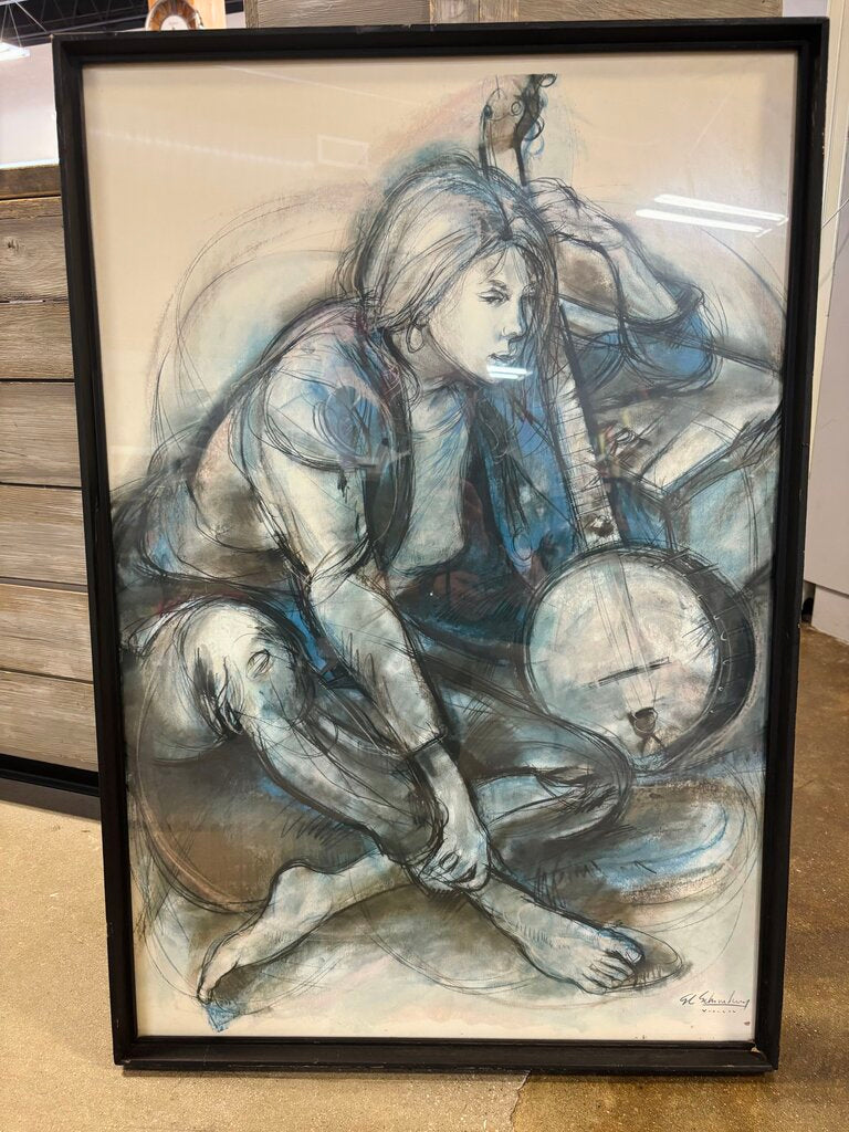 Mid Century Woman with Banjo Signed SC Schoneberg
