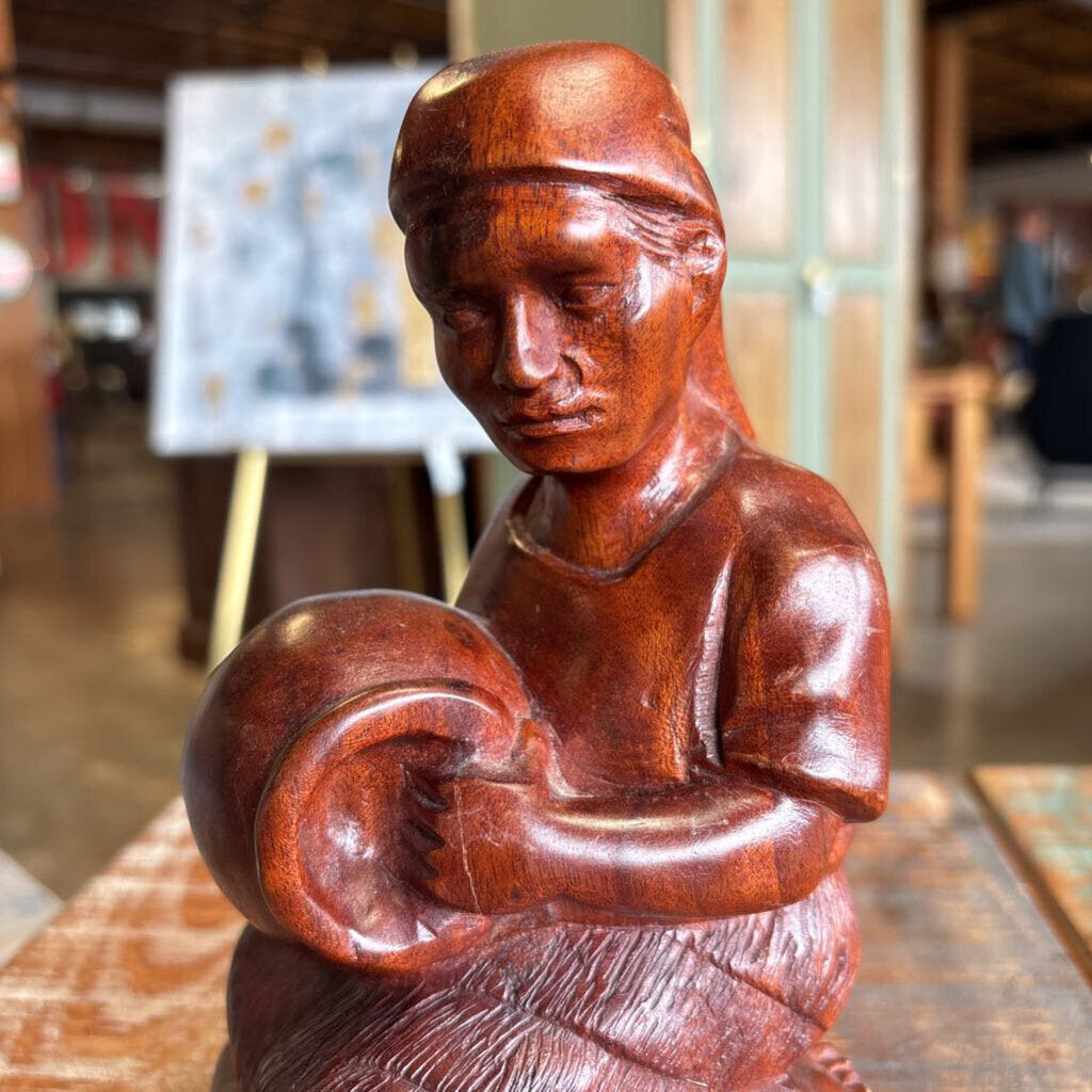 Wood Kneeling Potter Sculpture