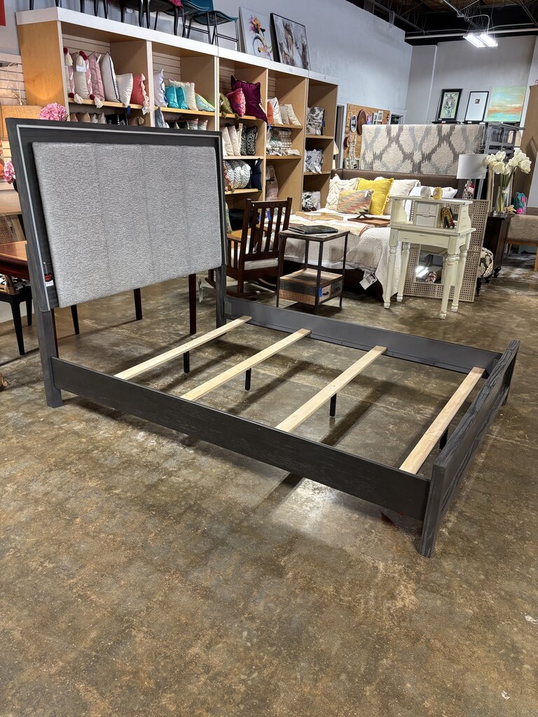 Queen Wood & Gray Fabric Lighted Bed