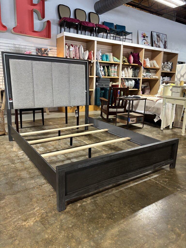 Queen Wood & Gray Fabric Lighted Bed