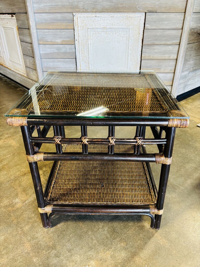 Rattan/Bamboo Glass Top Side Table 22 X 22 X 22.75