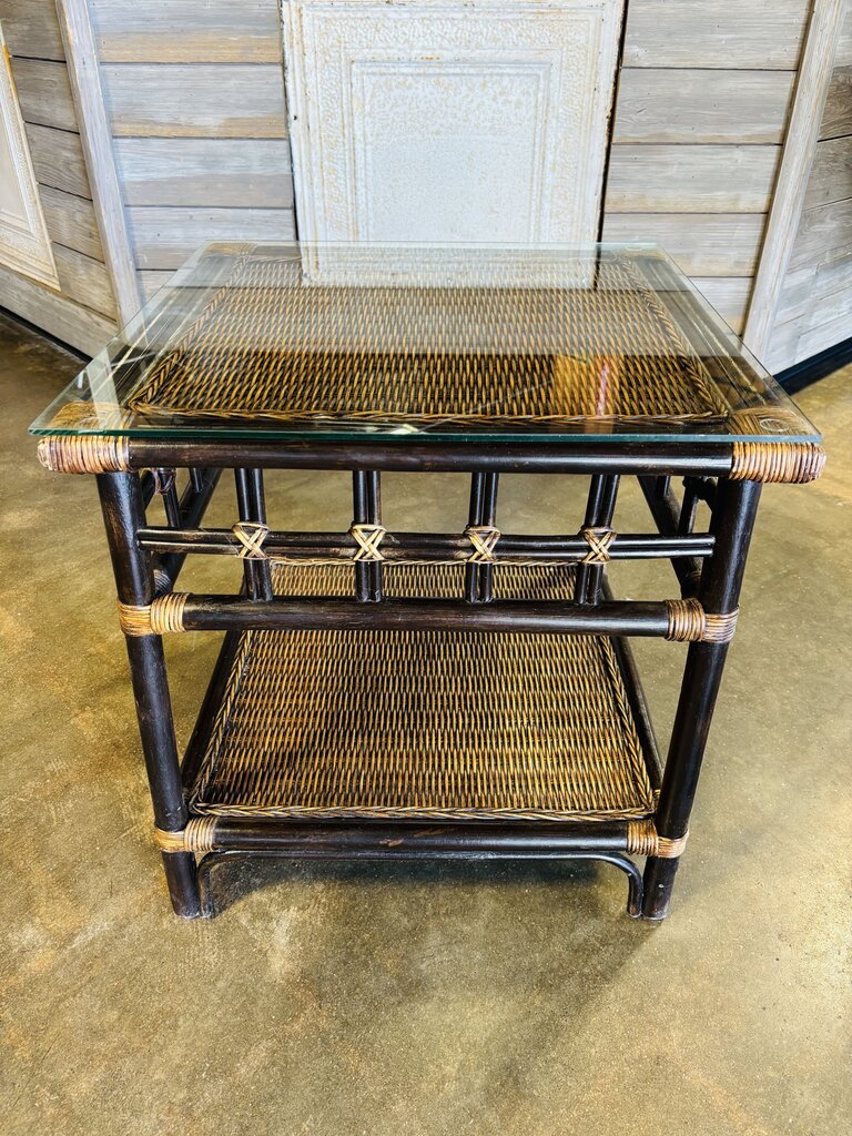 Rattan/Bamboo Glass Top Side Table 22 X 22 X 22.75