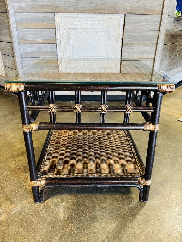 Rattan/Bamboo Glass Top Side Table 22 X 22 X 22.75