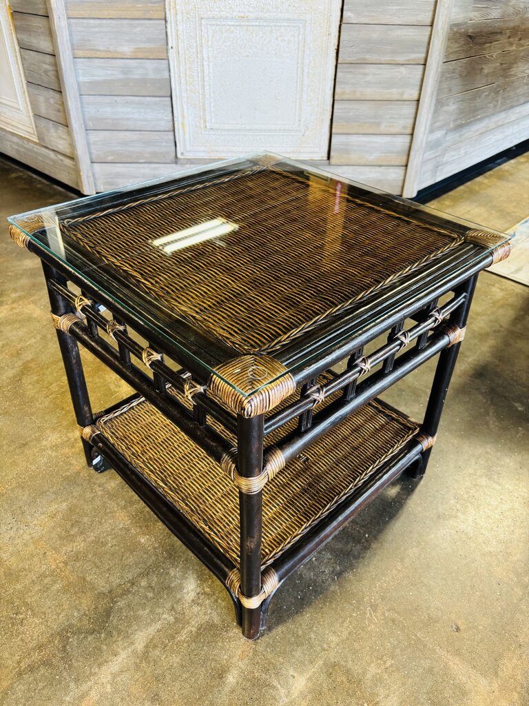 Rattan/Bamboo Glass Top Side Table 22 X 22 X 22.75