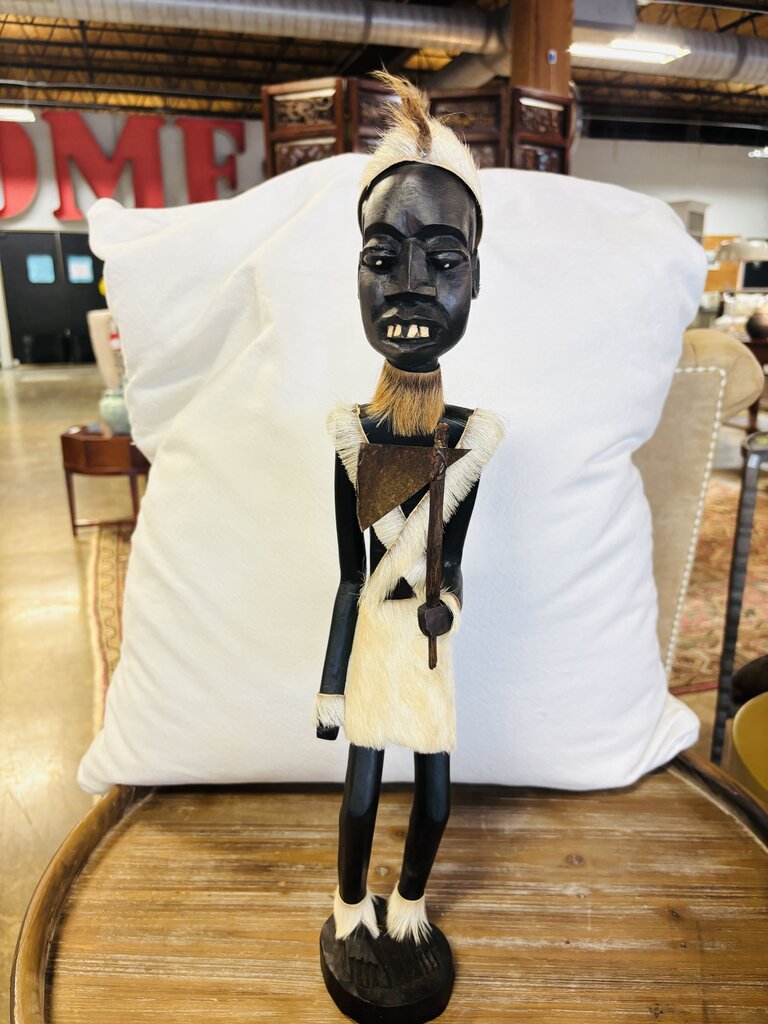 African-style Carved Wood Figurine with Fur