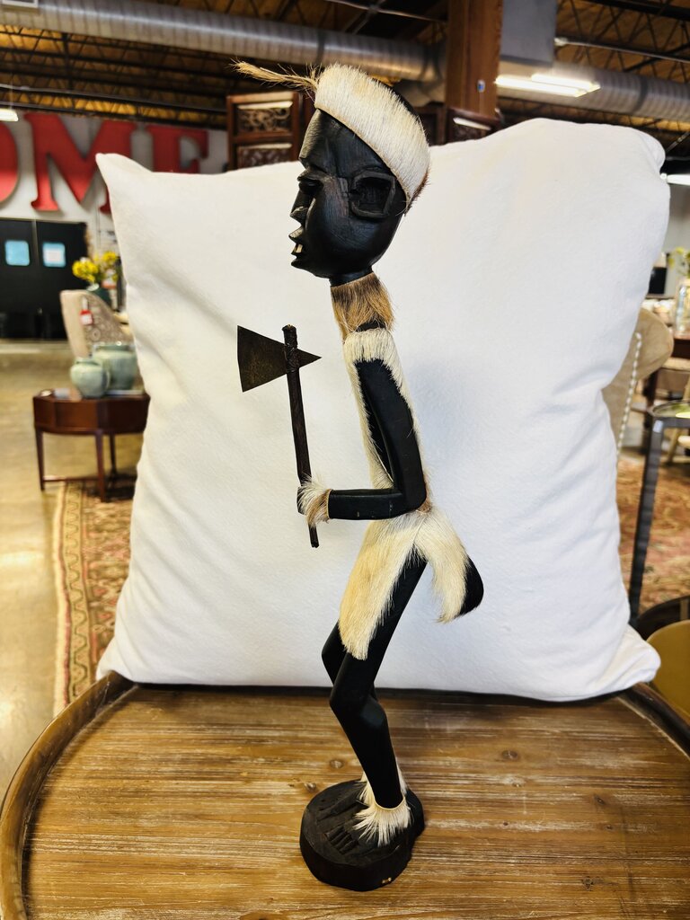 African-style Carved Wood Figurine with Fur