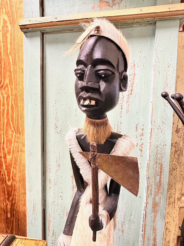 African-style Carved Wood Figurine with Fur