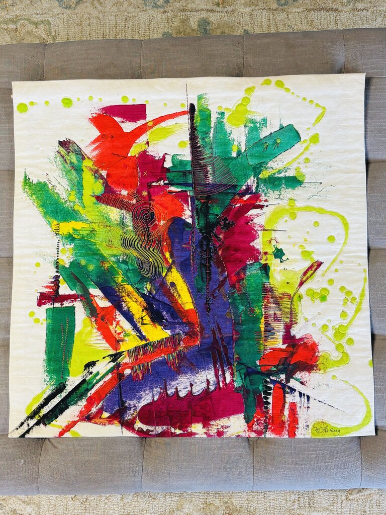 Signed Abstract Fabric Art 22.5 X 22.5