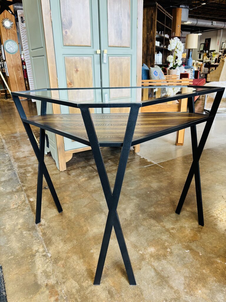 Glass/Metal/Wood Triangle Corner Table 39 X 21 X 30