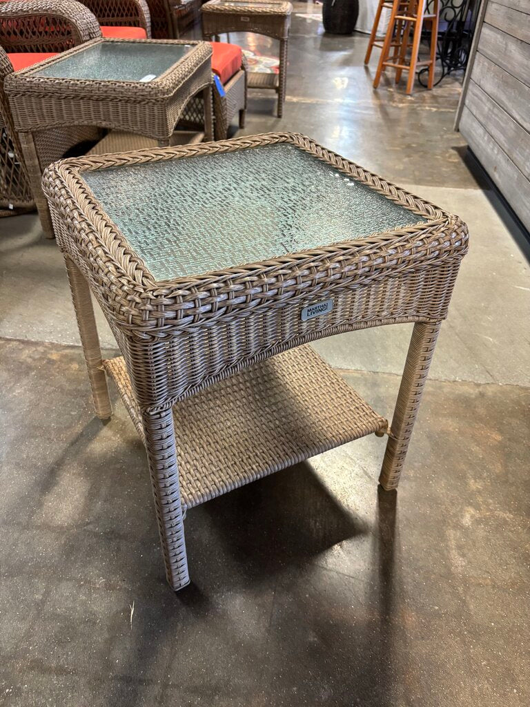 All Weather Wicker Glass Top Side Table