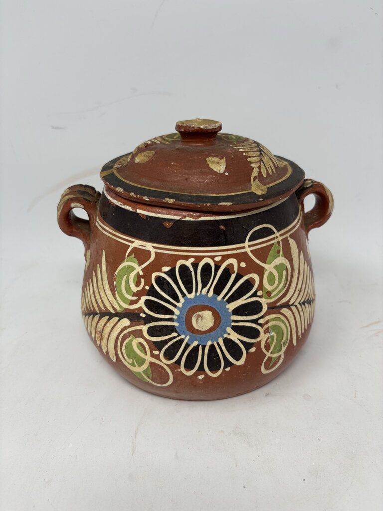 Vintage Mexican Redware Lidded Bean Pot