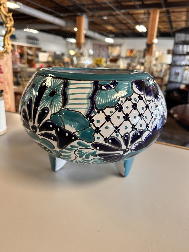 Footed Blue Floral Pot